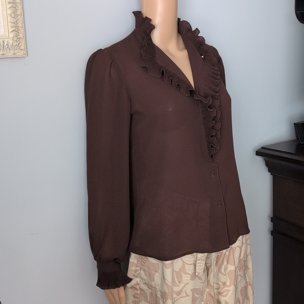 Vintage Whimsigoth Chocolate Brown Pleated Ruffled V-Neck Long Sleeve Blouse - Picture 4 of 16